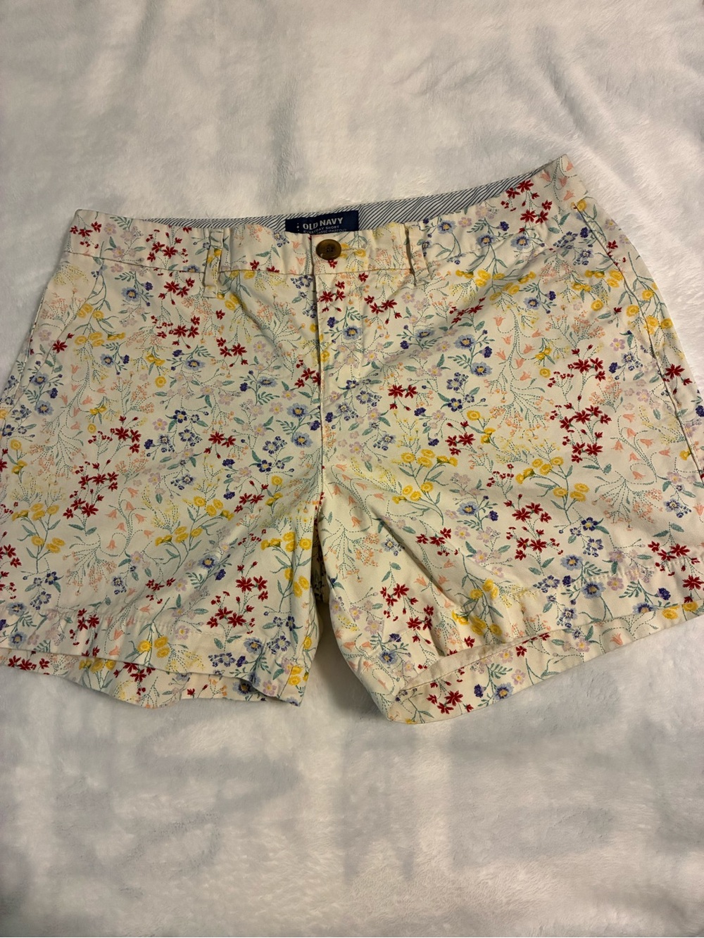 Old Navy Floral Print Cream Shorts with Red, Yellow & Blue Flowers